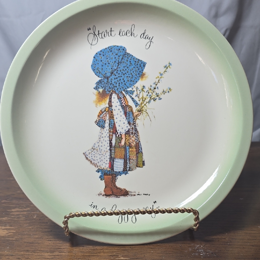 Ceramic Holly Hobbie Plate with Blue and Green Design And Girl Holding Flowers.